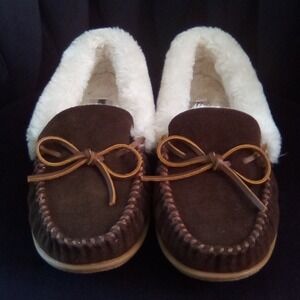Minnetonka Cally Chocolate Brown Suede Faux Fur Lined Moccasin Slipper Womens 7M